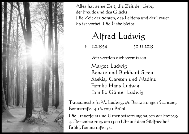  Traueranzeige für Alfred Ludwig vom 03.12.2015 aus Kölner Stadt-Anzeiger / Kölnische Rundschau / Express