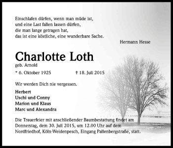Anzeige von Charlotte Loth von Kölner Stadt-Anzeiger / Kölnische Rundschau / Express