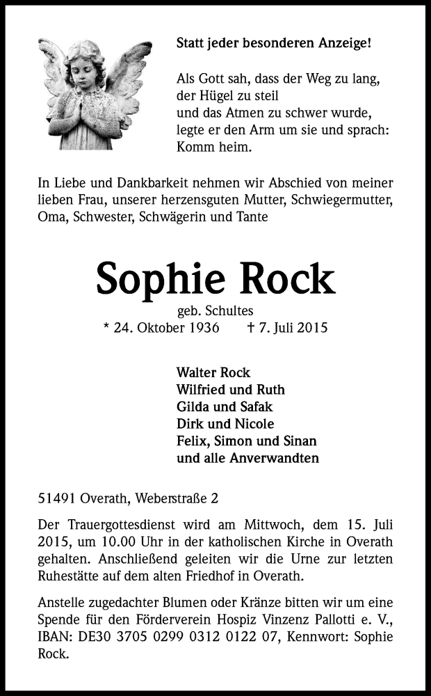 Traueranzeige für Sophie Rock vom 11.07.2015 aus Kölner Stadt-Anzeiger / Kölnische Rundschau / Express
