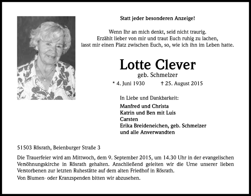  Traueranzeige für Lotte Clever vom 05.09.2015 aus Kölner Stadt-Anzeiger / Kölnische Rundschau / Express