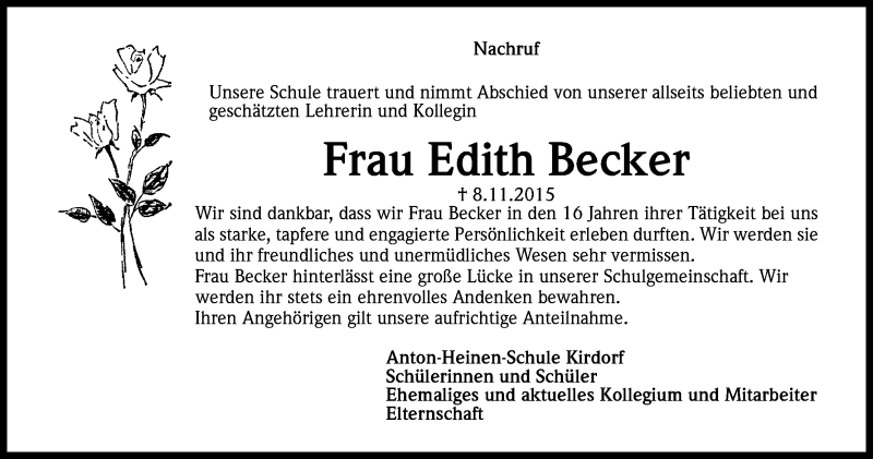  Traueranzeige für Edith Becker vom 18.11.2015 aus Kölner Stadt-Anzeiger / Kölnische Rundschau / Express
