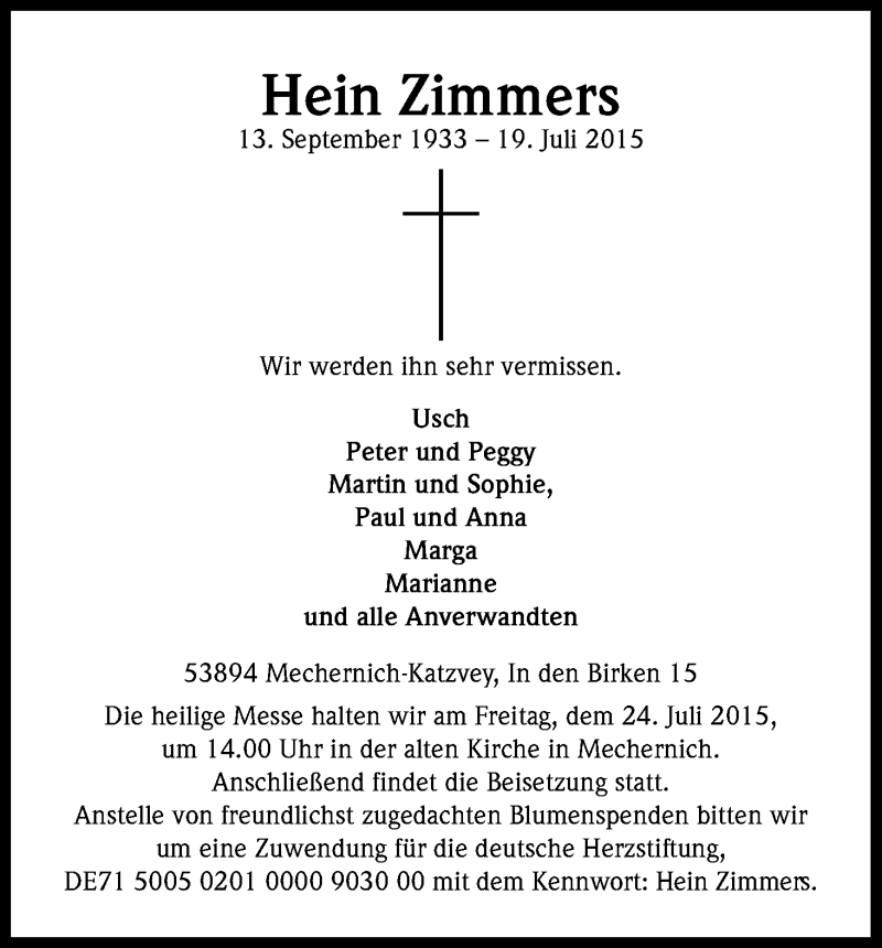  Traueranzeige für Hein Zimmers vom 21.07.2015 aus Kölner Stadt-Anzeiger / Kölnische Rundschau / Express