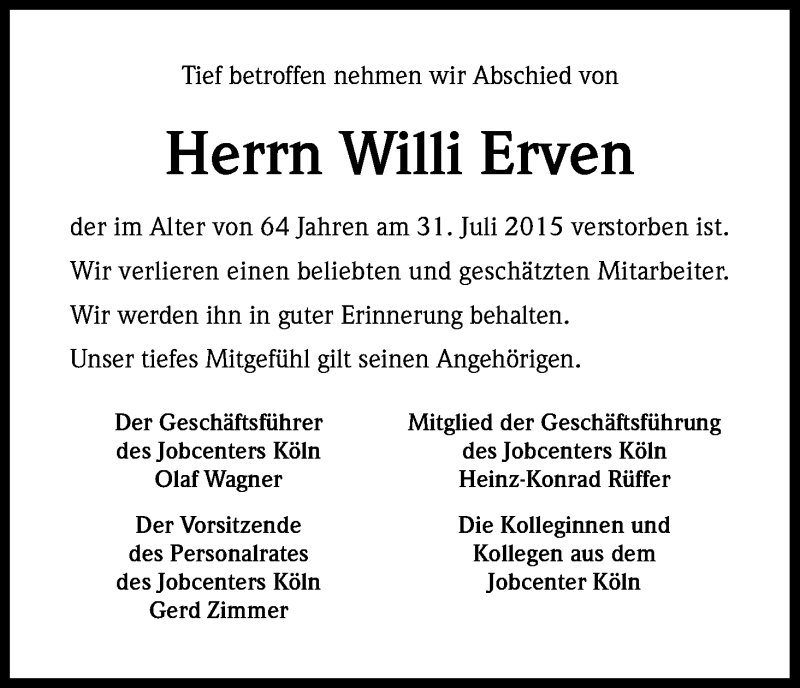  Traueranzeige für Willi Erven vom 12.08.2015 aus Kölner Stadt-Anzeiger / Kölnische Rundschau / Express