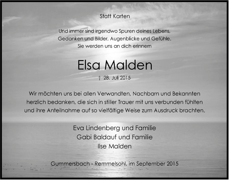  Traueranzeige für Elsa Malden vom 23.09.2015 aus  Anzeigen Echo 
