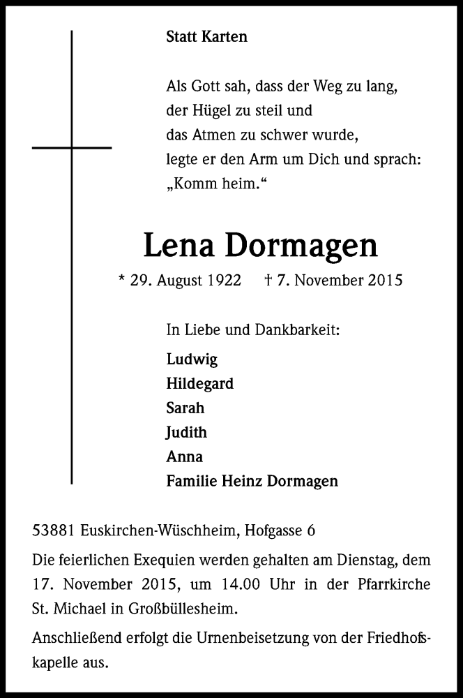  Traueranzeige für Lena Dormagen vom 12.11.2015 aus Kölner Stadt-Anzeiger / Kölnische Rundschau / Express