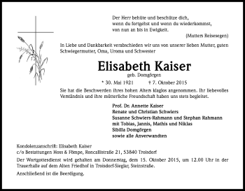 Anzeige von Elisabeth Kaiser von Kölner Stadt-Anzeiger / Kölnische Rundschau / Express