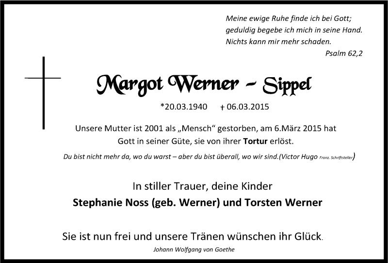  Traueranzeige für Margot Werner-Sippel vom 15.04.2015 aus  Anzeigen Echo 