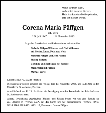 Anzeige von Corena Maria Päffgen von Kölner Stadt-Anzeiger / Kölnische Rundschau / Express