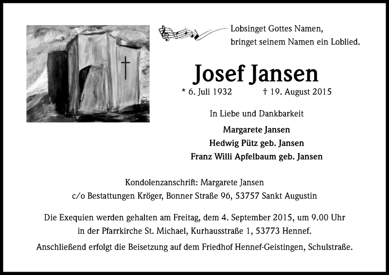  Traueranzeige für Josef Jansen vom 29.08.2015 aus Kölner Stadt-Anzeiger / Kölnische Rundschau / Express