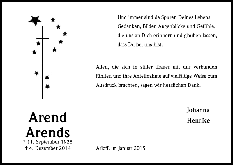  Traueranzeige für Arend Arends vom 17.01.2015 aus Kölner Stadt-Anzeiger / Kölnische Rundschau / Express