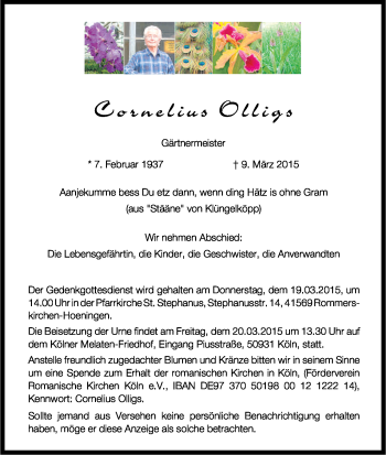 Anzeige von Cornelius Olligs von Kölner Stadt-Anzeiger / Kölnische Rundschau / Express