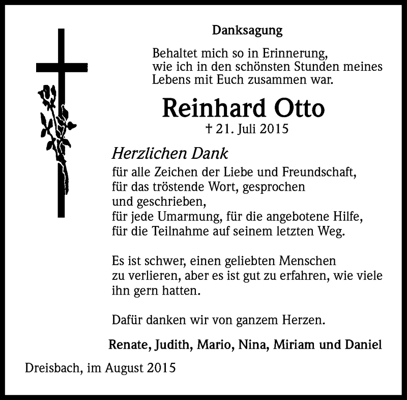  Traueranzeige für Reinhard Otto vom 29.08.2015 aus Kölner Stadt-Anzeiger / Kölnische Rundschau / Express