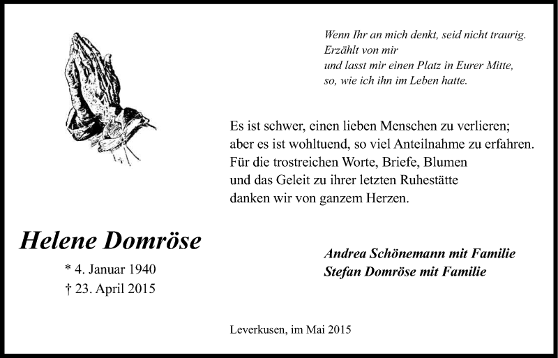  Traueranzeige für Helene Domröse vom 30.05.2015 aus Kölner Stadt-Anzeiger / Kölnische Rundschau / Express