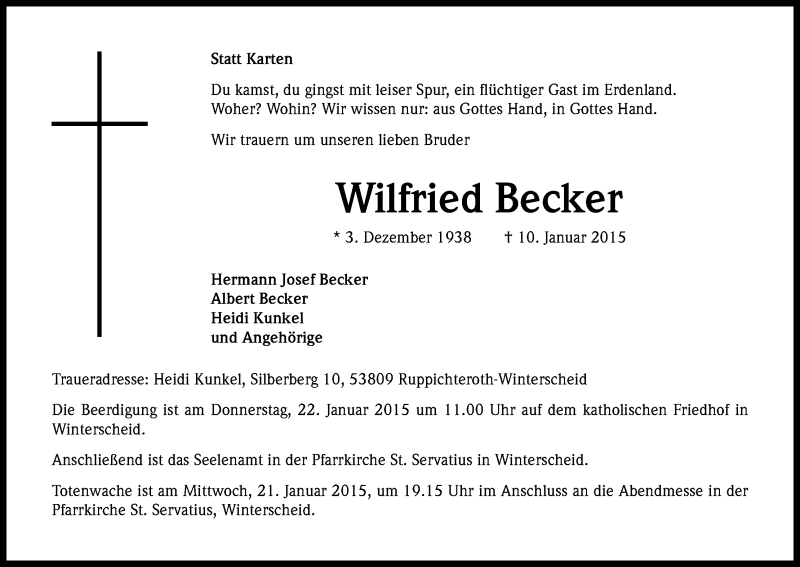  Traueranzeige für Wilfried Becker vom 15.01.2015 aus Kölner Stadt-Anzeiger / Kölnische Rundschau / Express