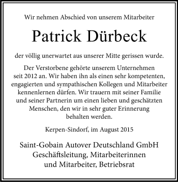 Anzeige von Patrick Dürbeck von Kölner Stadt-Anzeiger / Kölnische Rundschau / Express