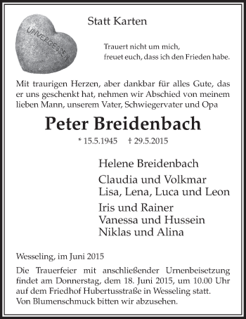 Anzeige von Peter Breidenbach von  Schlossbote/Werbekurier 