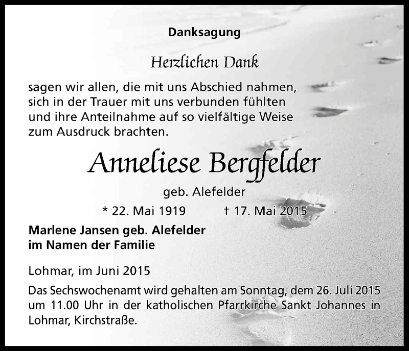  Traueranzeige für Anneliese Bergfelder vom 13.06.2015 aus Kölner Stadt-Anzeiger / Kölnische Rundschau / Express