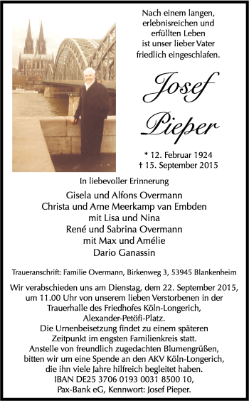Anzeige von Josef Pieper von Kölner Stadt-Anzeiger / Kölnische Rundschau / Express