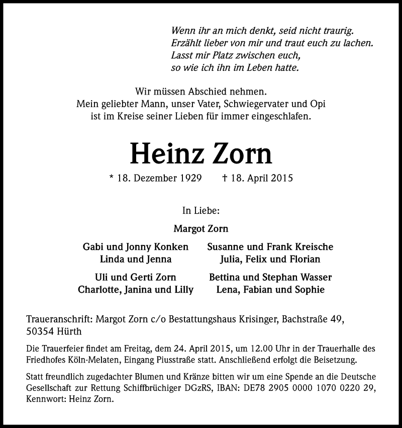  Traueranzeige für Heinz Zorn vom 22.04.2015 aus Kölner Stadt-Anzeiger / Kölnische Rundschau / Express