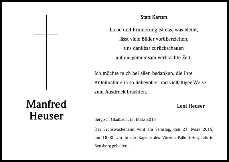  Traueranzeige für Manfred Heuser vom 14.03.2015 aus Kölner Stadt-Anzeiger / Kölnische Rundschau / Express