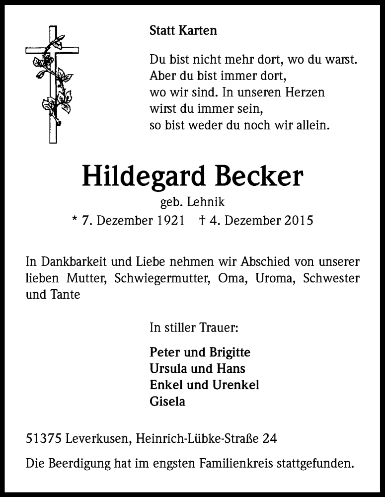  Traueranzeige für Hildegard Becker vom 12.12.2015 aus Kölner Stadt-Anzeiger / Kölnische Rundschau / Express