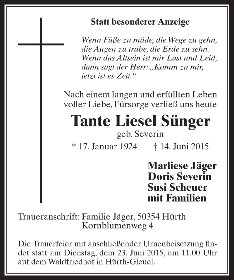  Traueranzeige für Liesel Sünger vom 17.06.2015 aus  Wochenende 