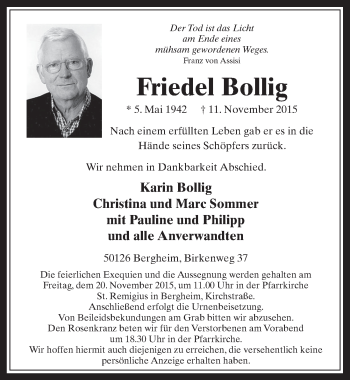 Anzeige von Friedel Bollig von  Werbepost 