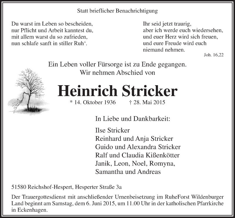  Traueranzeige für Heinrich Stricker vom 03.06.2015 aus  Anzeigen Echo 