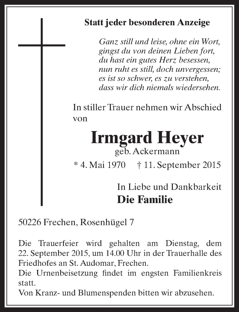  Traueranzeige für Irmgard Heyer vom 16.09.2015 aus  Wochenende 