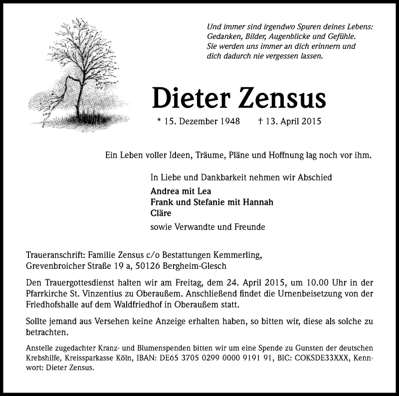  Traueranzeige für Dieter Zensus vom 18.04.2015 aus Kölner Stadt-Anzeiger / Kölnische Rundschau / Express