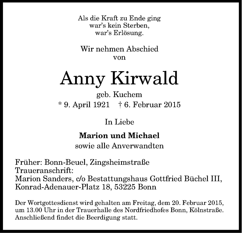  Traueranzeige für Anny Kirwald vom 14.02.2015 aus Kölner Stadt-Anzeiger / Kölnische Rundschau / Express