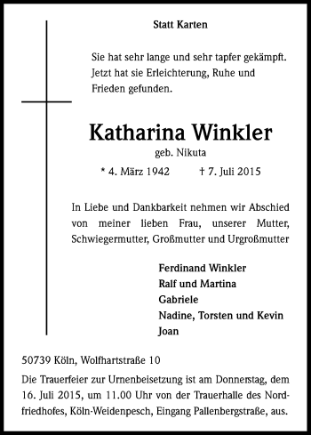 Anzeige von Katharina Winkler von Kölner Stadt-Anzeiger / Kölnische Rundschau / Express