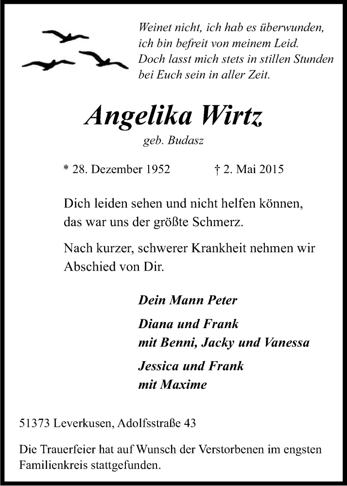  Traueranzeige für Angelika Wirtz vom 09.05.2015 aus Kölner Stadt-Anzeiger / Kölnische Rundschau / Express