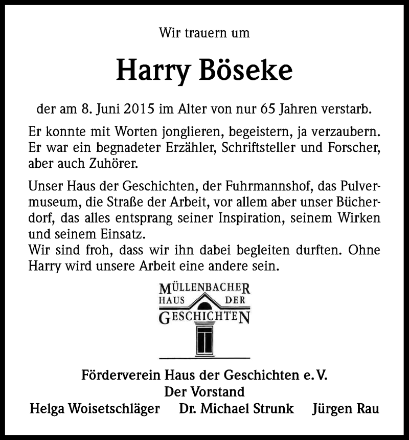  Traueranzeige für Harry Böseke vom 20.06.2015 aus Kölner Stadt-Anzeiger / Kölnische Rundschau / Express