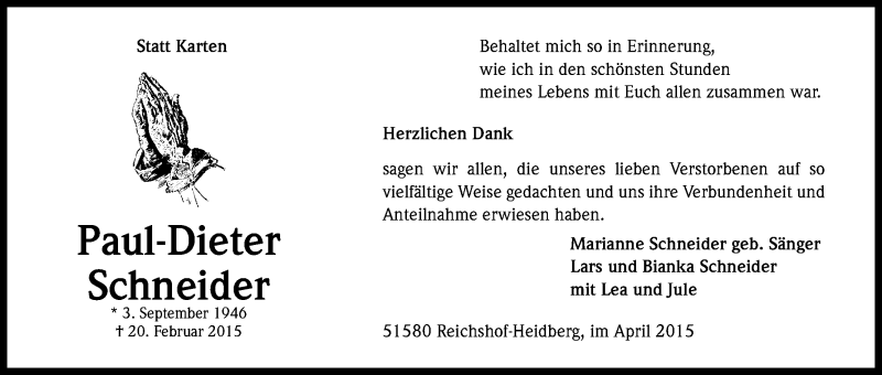  Traueranzeige für Paul-Dieter Schneider vom 11.04.2015 aus Kölner Stadt-Anzeiger / Kölnische Rundschau / Express
