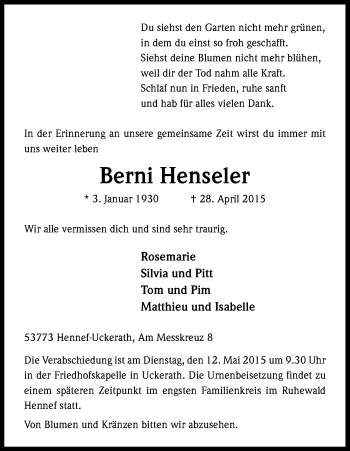 Anzeige von Berni Henseler von Kölner Stadt-Anzeiger / Kölnische Rundschau / Express