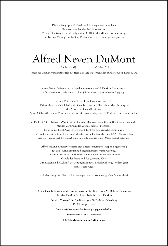  Traueranzeige für Alfred Neven DuMont vom 06.06.2015 aus Kölner Stadt-Anzeiger / Kölnische Rundschau / Express