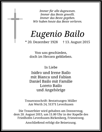 Anzeige von Eugenio Bailo von Kölner Stadt-Anzeiger / Kölnische Rundschau / Express