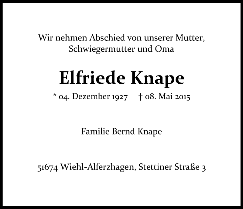  Traueranzeige für Elfriede Knape vom 13.05.2015 aus Kölner Stadt-Anzeiger / Kölnische Rundschau / Express