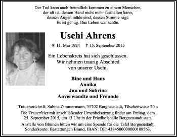 Anzeige von Uschi Ahrens von Kölner Stadt-Anzeiger / Kölnische Rundschau / Express