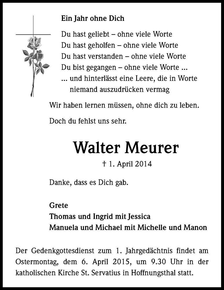  Traueranzeige für Walter Meurer vom 01.04.2015 aus Kölner Stadt-Anzeiger / Kölnische Rundschau / Express