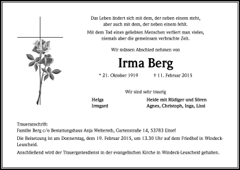 Anzeige von Irma Berg von Kölner Stadt-Anzeiger / Kölnische Rundschau / Express