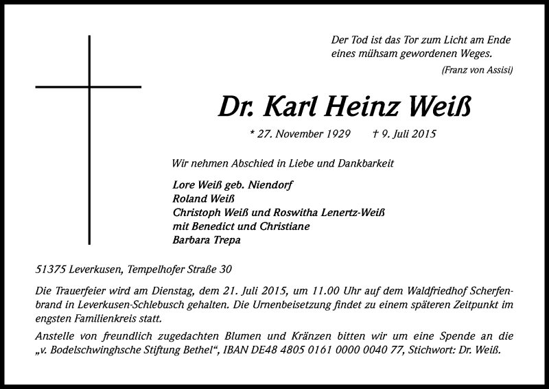  Traueranzeige für Karl Heinz Weiß vom 15.07.2015 aus Kölner Stadt-Anzeiger / Kölnische Rundschau / Express