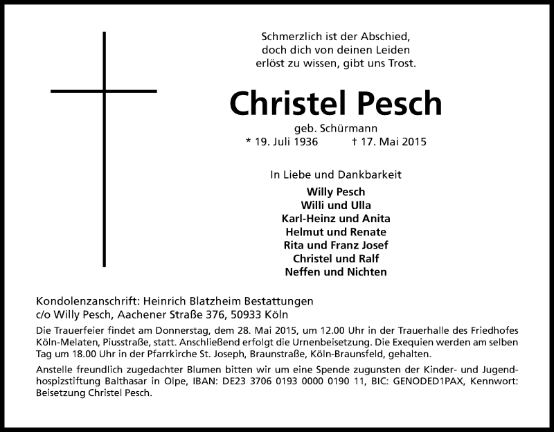  Traueranzeige für Christel Pesch vom 23.05.2015 aus Kölner Stadt-Anzeiger / Kölnische Rundschau / Express