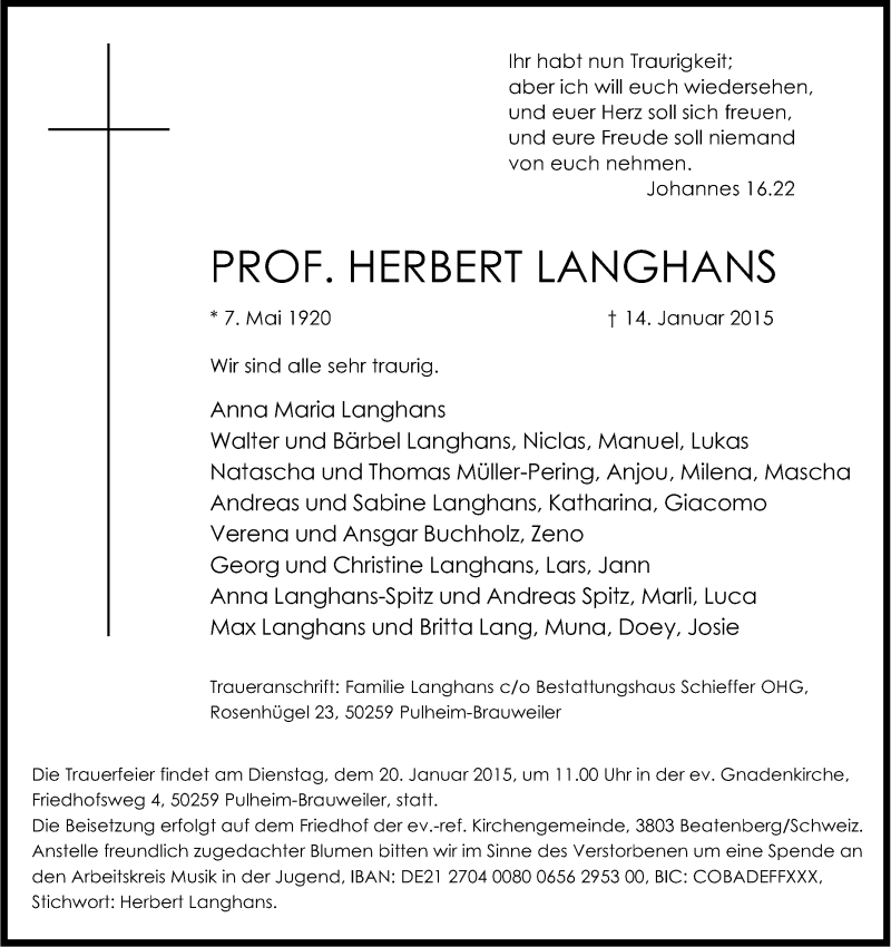  Traueranzeige für Herbert Langhans vom 17.01.2015 aus Kölner Stadt-Anzeiger / Kölnische Rundschau / Express