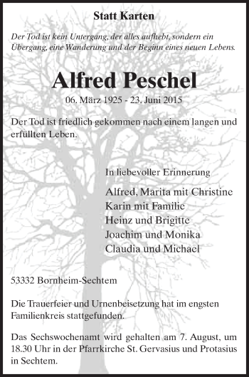Anzeige von Alfred Peschel von  Schlossbote/Werbekurier 