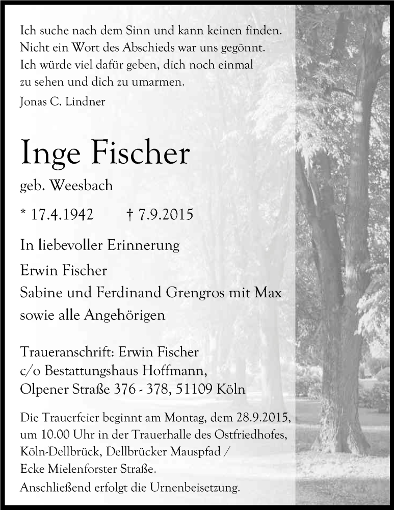  Traueranzeige für Inge Fischer vom 19.09.2015 aus Kölner Stadt-Anzeiger / Kölnische Rundschau / Express