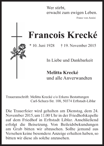Anzeige von Francois Krecké von  Sonntags-Post 