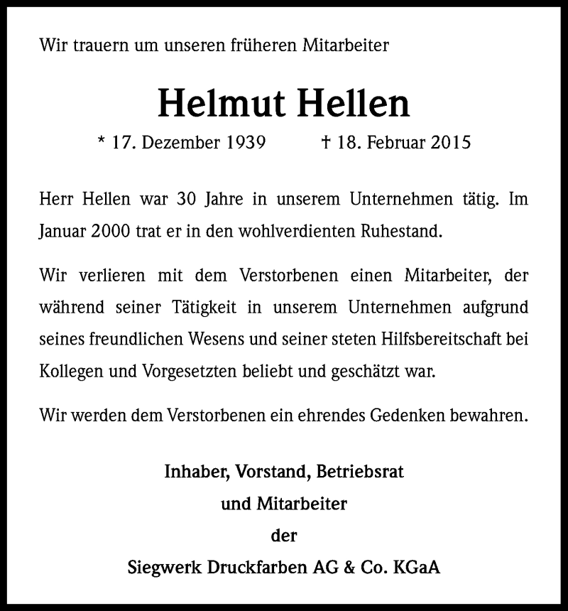  Traueranzeige für Helmut Hellen vom 25.02.2015 aus Kölner Stadt-Anzeiger / Kölnische Rundschau / Express