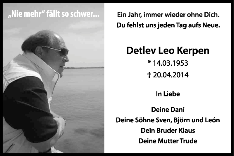  Traueranzeige für Detlev Leo Kerpen vom 18.04.2015 aus Kölner Stadt-Anzeiger / Kölnische Rundschau / Express